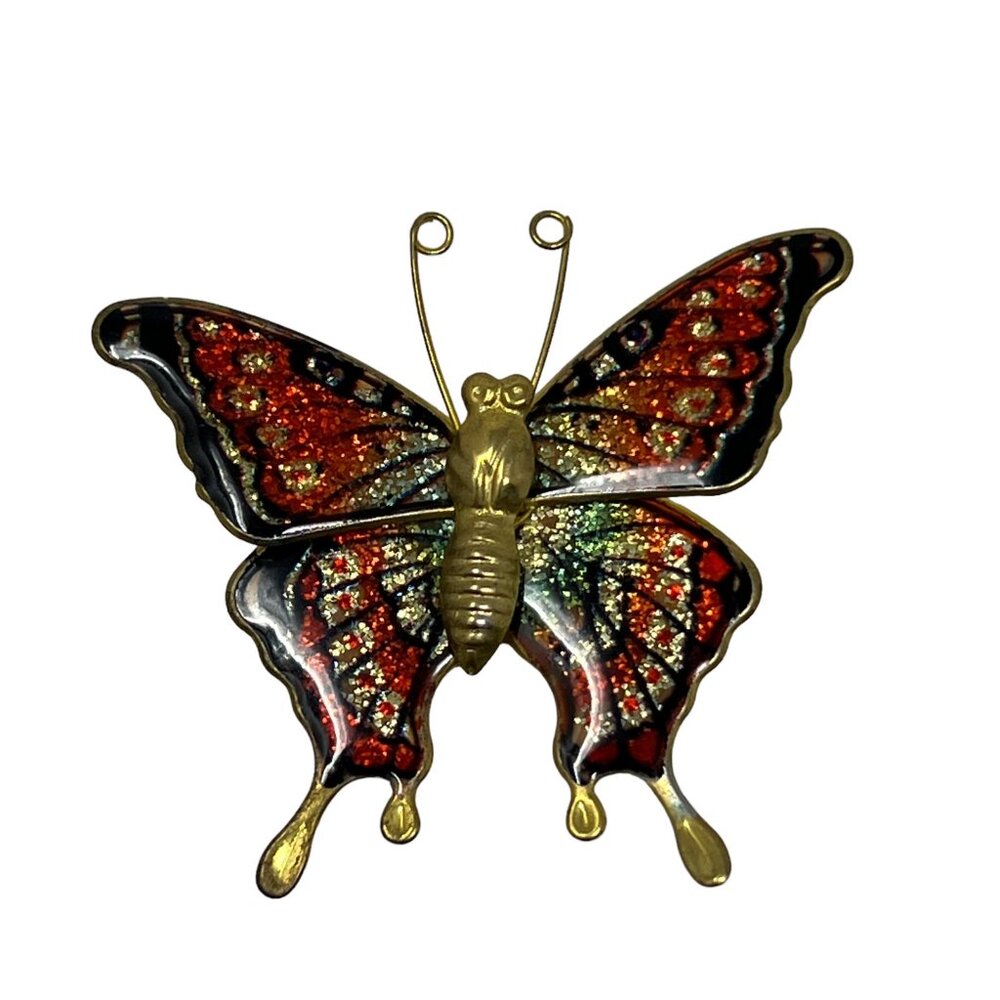 Vintage Butterfly Brooch‎ Red Green Enamel and Glitter Pin